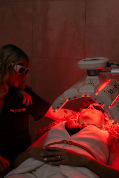 Woman undergoing red light therapy on face.