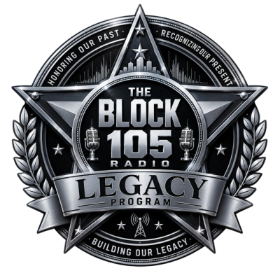 Logo for The Block 105 Radio Legacy Program with a star and laurel design.
