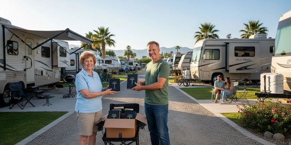 Two people holding books in an RV park with others relaxing in the background.