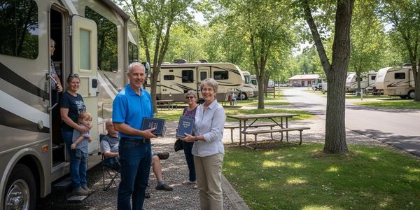 Two people holding plaques in an RV park with others nearby.