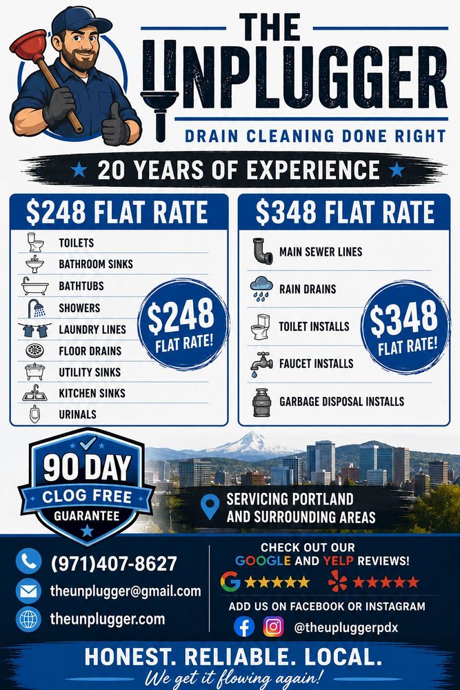 The Unplugger offers expert drain cleaning with flat rates and a 90-day clog-free guarantee in Portland.