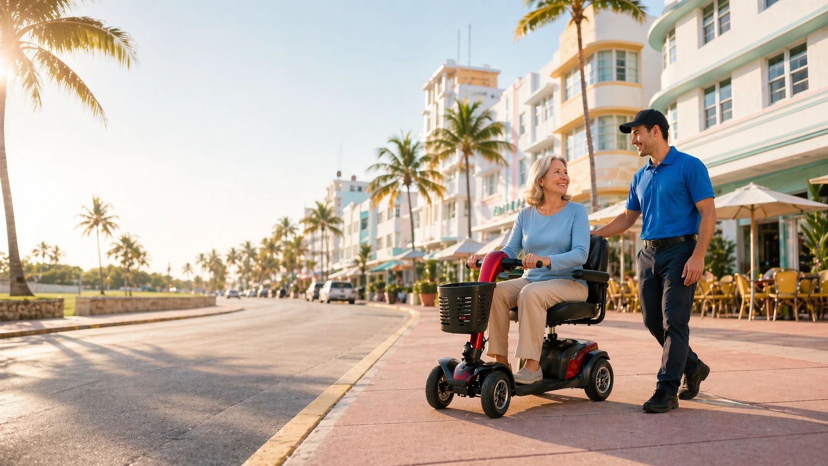 Senior woman on a mobility scooter with Mobility Miami staff on Ocean Drive in Miami Beach