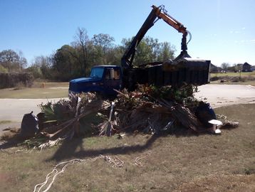 A blue truck with a crane arm unloading yard debris on a sunny day.