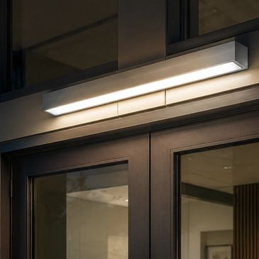 IP65 egress exterior architectural luminaire, wet location linear light, mullion mount
