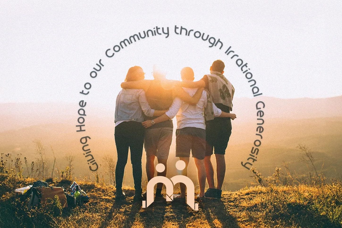Four friends embracing with a sunset and community message in a circular text.