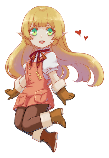 Cute chibi style smiling elf girl with hearts. Blonde hair, green eyes, overall shorts and gloves. 