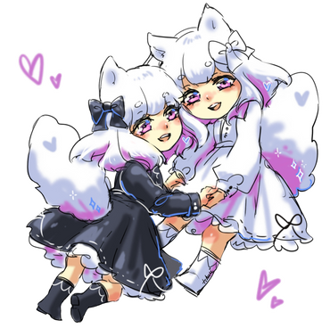 Two cute chibi style anime girls with kitty ears and tails. White and black dresses, fluffy! 