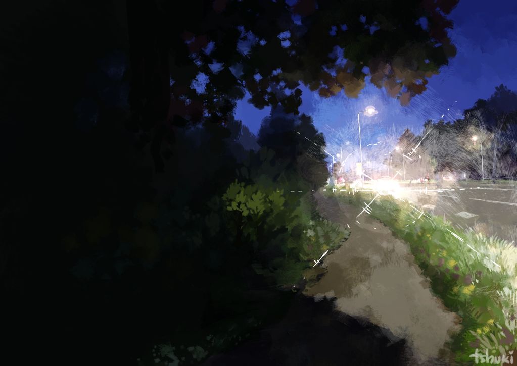 A painting of a road at night viewed from the shadow of a tree. Bright blinding car lights. 