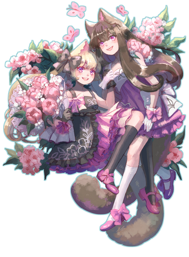 Two charming floral kitty girls with tulips in pinks