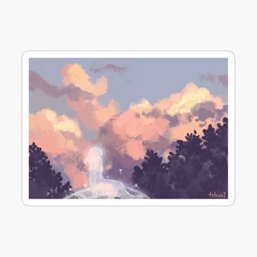 Sticker of a painting of pastel sky viewed from a playground ladder, ghost looking up. 