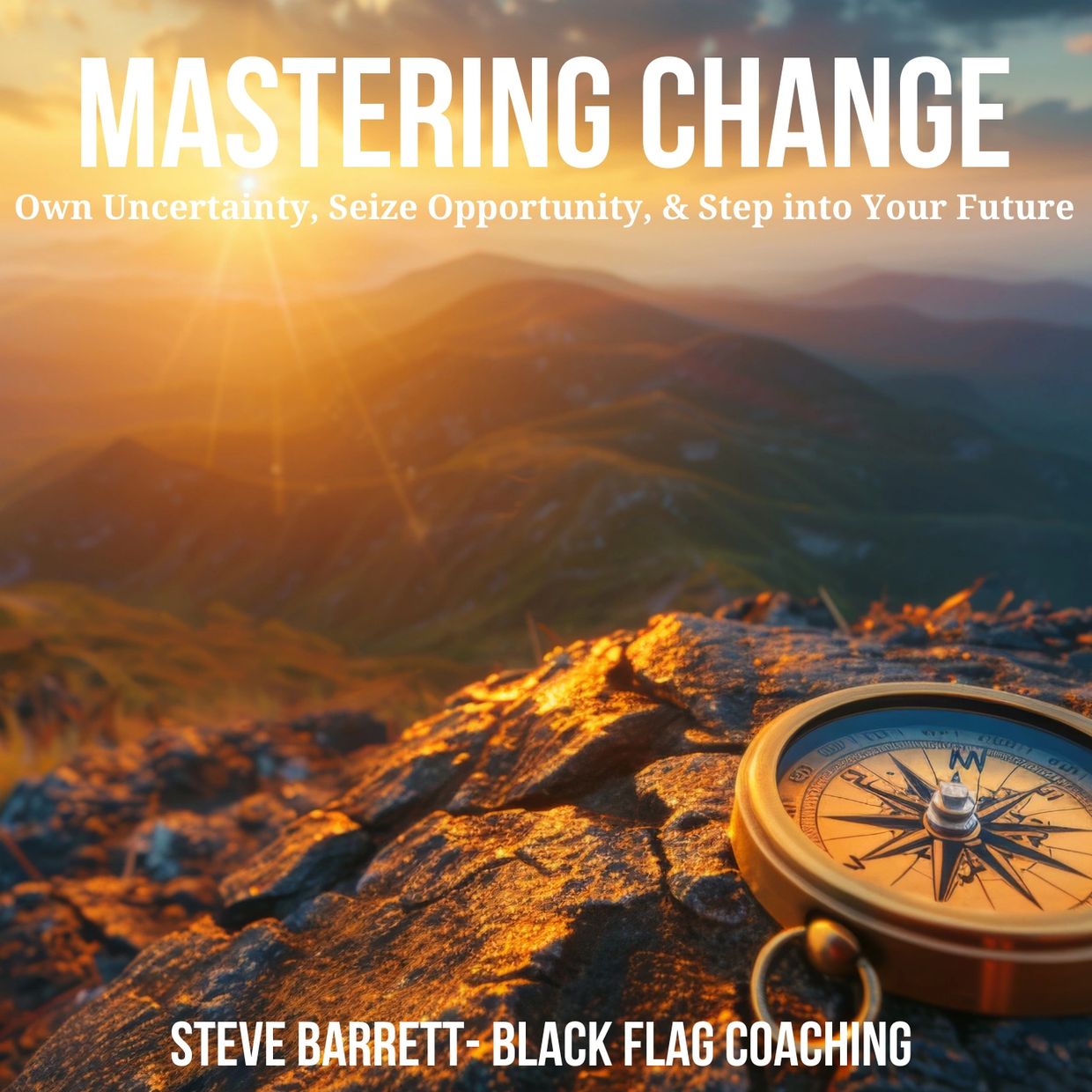 A sunset over mountains with a compass in the foreground, symbolizing clarity and direction.