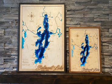 Custom multi-layer wood lake map showing bathymetric depth profile of Belmont Lake, Ontario.