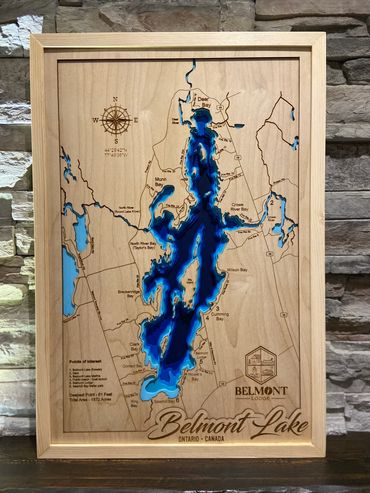 Multi-layer, bathymetric, wood lake map of Belmont Lake, Ontario.  Personalized for Belmont Lodge.
