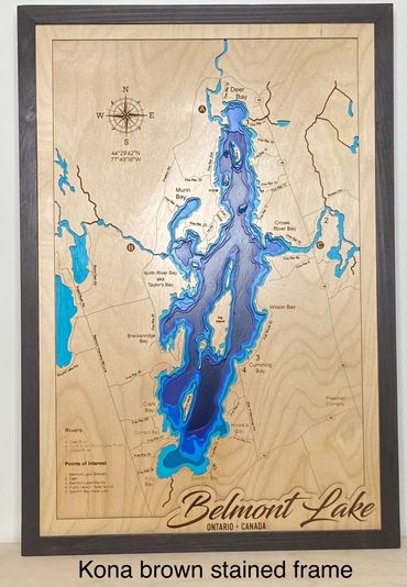 Custom multi-layer wood lake map showing bathymetric depth profile of Belmont Lake, Ontario.