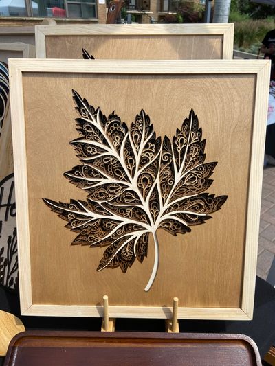 Wood art - custom maple leaf mandella wood art, 8 layers of baltic birch with wood frame.
