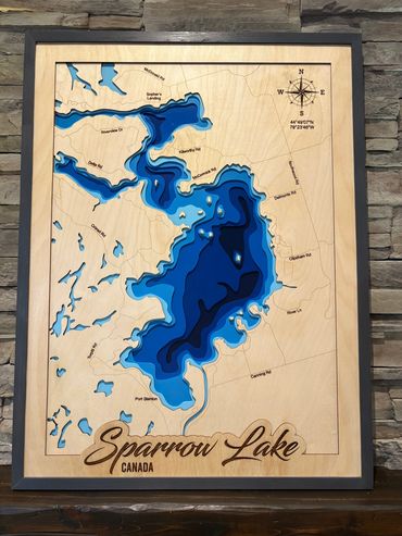 Sparrow Lake, custom bathymetric, multi layer wood art