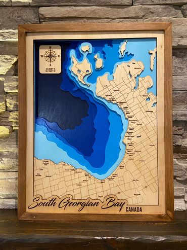 Custom multi-layer wood lake map showing bathymetric depth profile of Southern Georgian Bay, Ontario