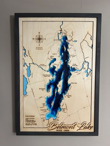 Custom multi-layer wood lake map showing bathymetric depth profile of Belmont Lake, Ontario.