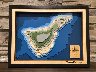 Custom multi-layer wood lake map showing bathymetric depth profile of Tenerife island in Spain