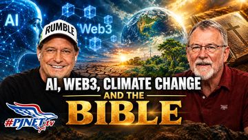 man with podcast title, AI, Web3, Climate Change, and the Bible