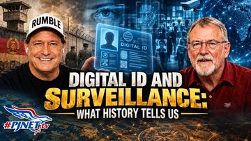 two men with podcast title, Digital ID and Surveillance: What History Tells Us