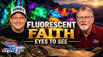 Two men with an image of rocks  illumined by black light to reveal fluorescent colors