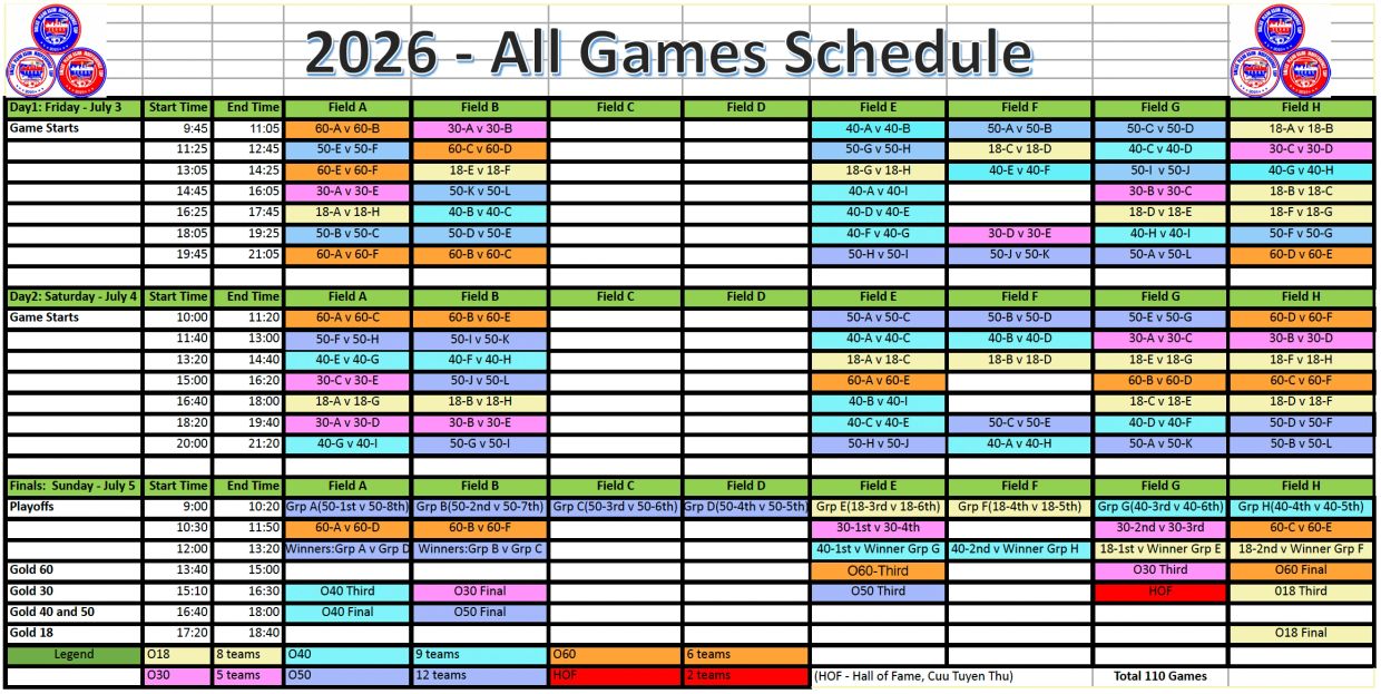 2026 sports games schedule with dates, times, fields, and teams.