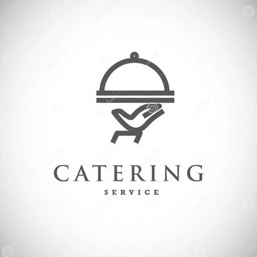 Minimalist catering service logo with hand and cloche.
