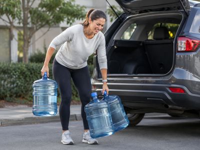 Person struggling to carry 5 gallon water jugs to a car