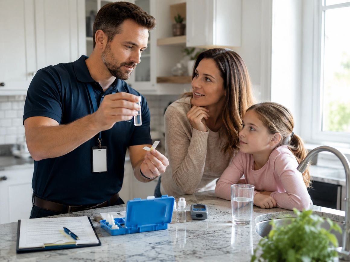 Certified water specialist testing water with a family in a bright kitchen
