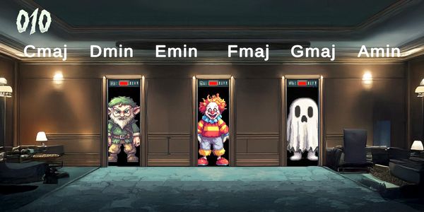 Doors labeled with musical chords showing various characters inside, including a clown and ghost.