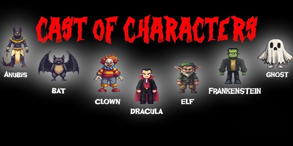 Cartoon horror characters lineup titled 'Cast of Characters'.