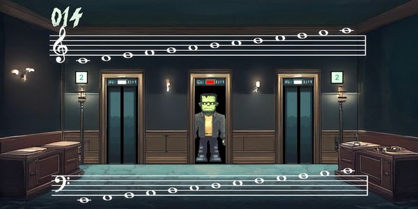 Animated Frankenstein stands in an elevator between two closed elevators.