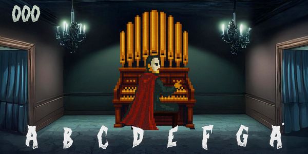 Pixel art of a cloaked figure playing a pipe organ in a dimly lit room with alphabet letters.