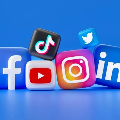 3D icons of popular social media platforms on a blue background.