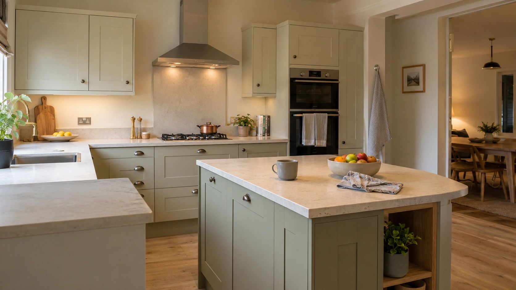 Soft sage-green Shaker kitchen with pale stone worktops, a central island, integrated ovens and stai