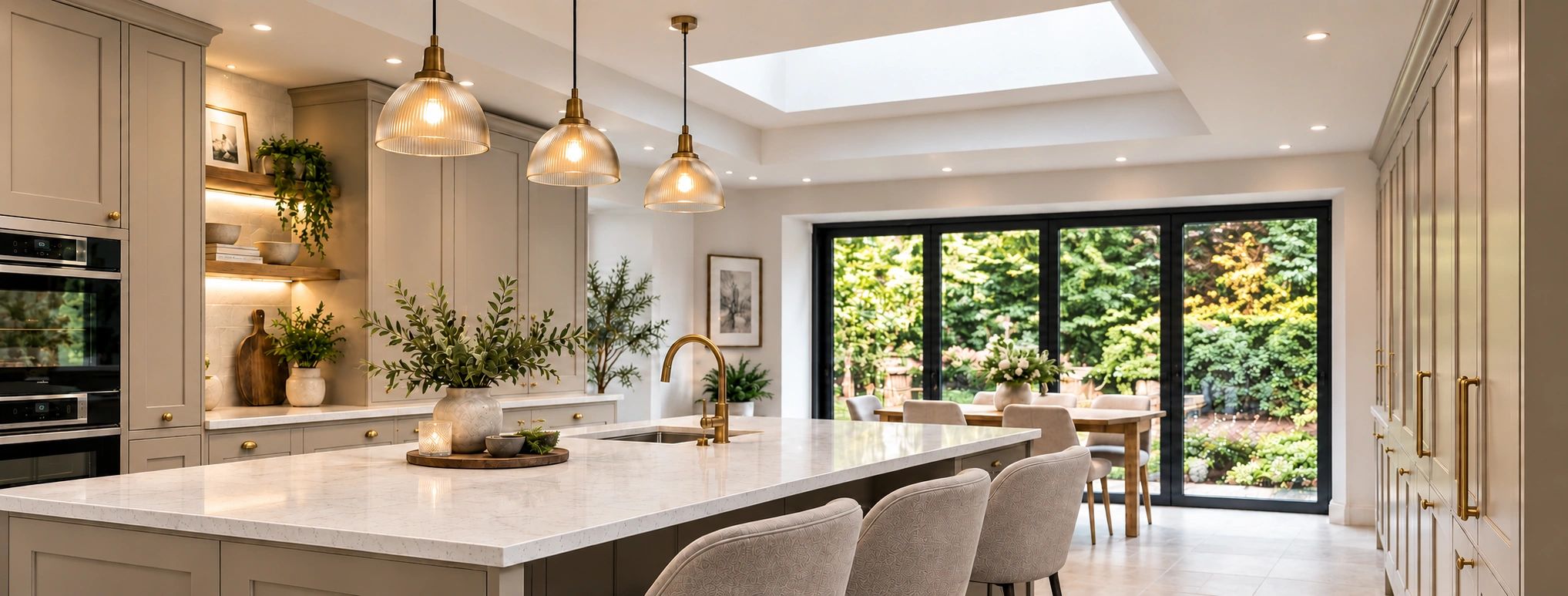 Warm taupe kitchen with island, pendant lighting and garden view