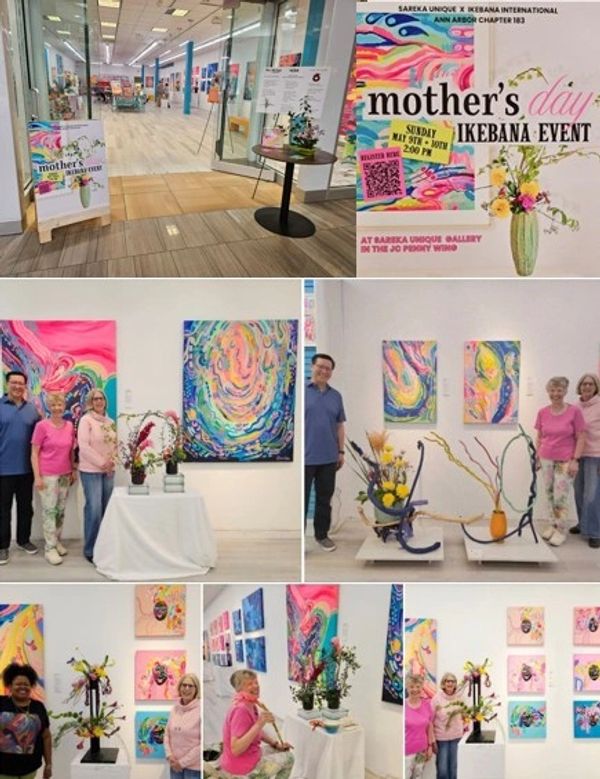 Mother's Day Ikebana event with floral art and colorful paintings.