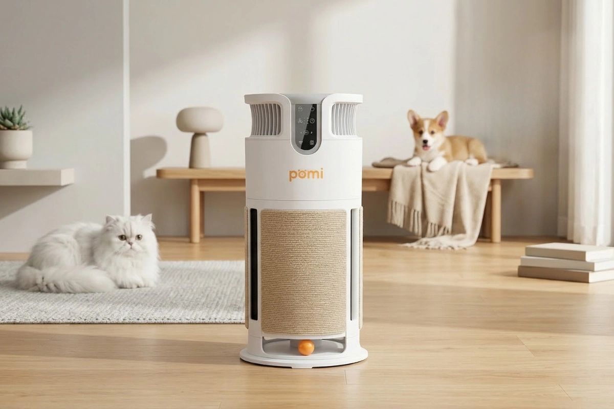 Modern pet air purifier with a cat and a dog in a cozy living room.
