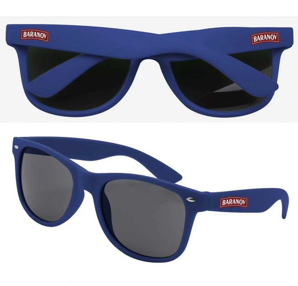 Blue Baranov sunglasses with dark lenses and logo on the sides.
