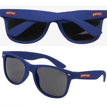 Blue sunglasses with black lenses and Baranov logo on the sides.