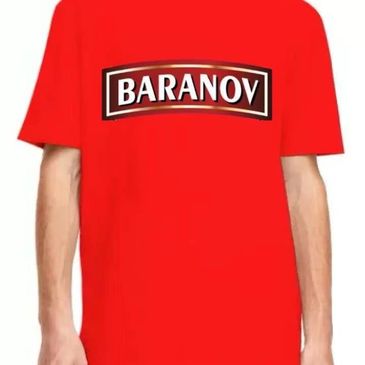 Red t-shirt with 'BARANOV' logo in white and black design.