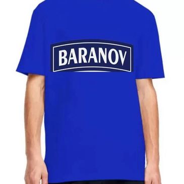 Blue t-shirt with the word BARANOV in white letters on a black rectangular background.