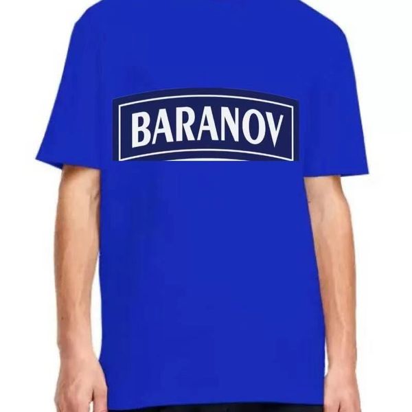 Blue t-shirt with the word BARANOV in white letters on a black rectangular background.