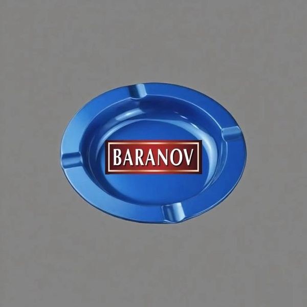 Blue ashtray with the word 'BARANOV' on it, against a plain gray background.