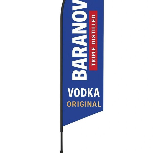 Blue vertical flag advertising Baranov triple distilled original vodka.