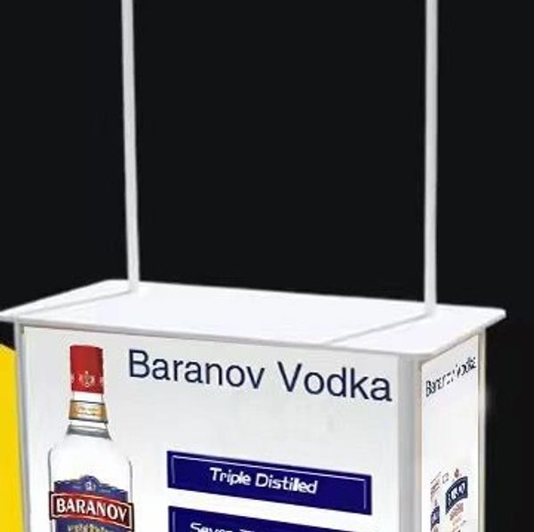 Promotional stand for Baranov Vodka with a bottle image and product details.