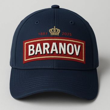 Navy blue baseball cap with 'BARANOV' embroidered in white on a red patch.