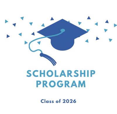 Blue graduation cap with confetti and Scholarship Program text for Class of 2026.