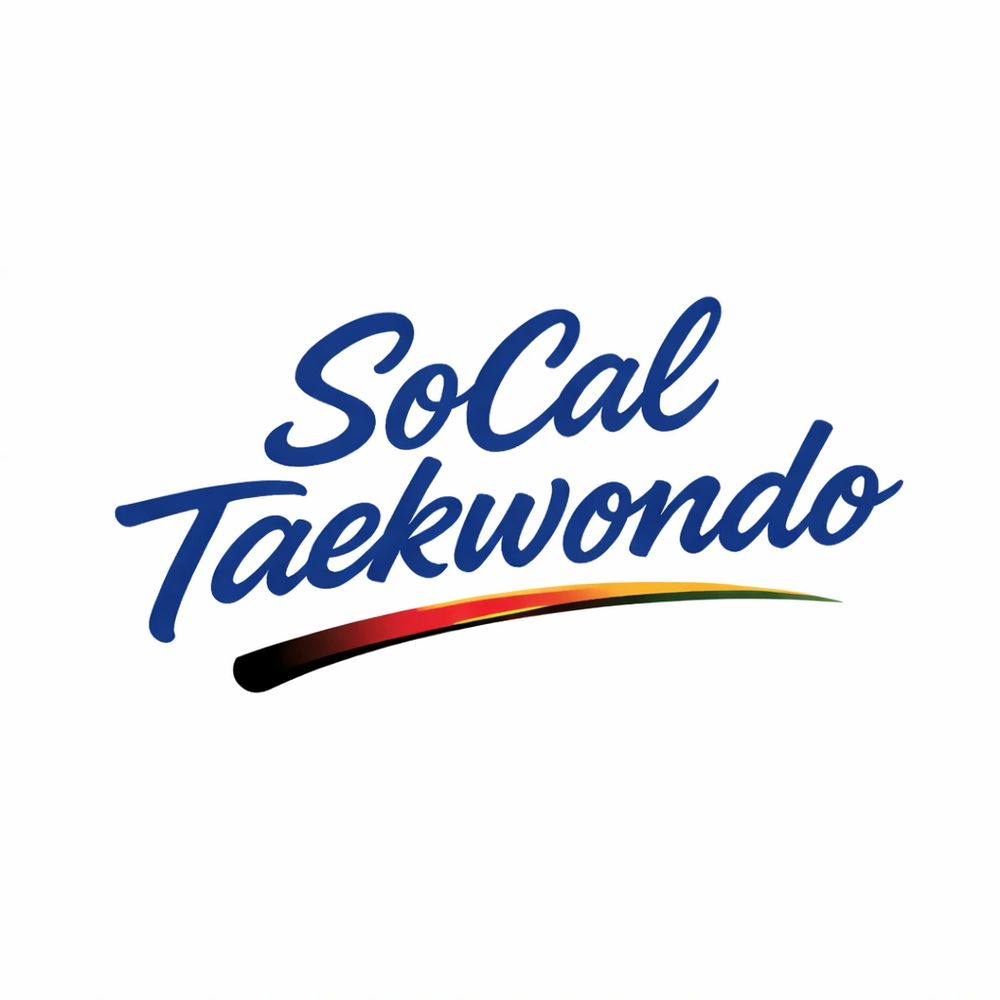 Logo with blue text reading 'SoCal Taekwondo' and a colorful swoosh below.